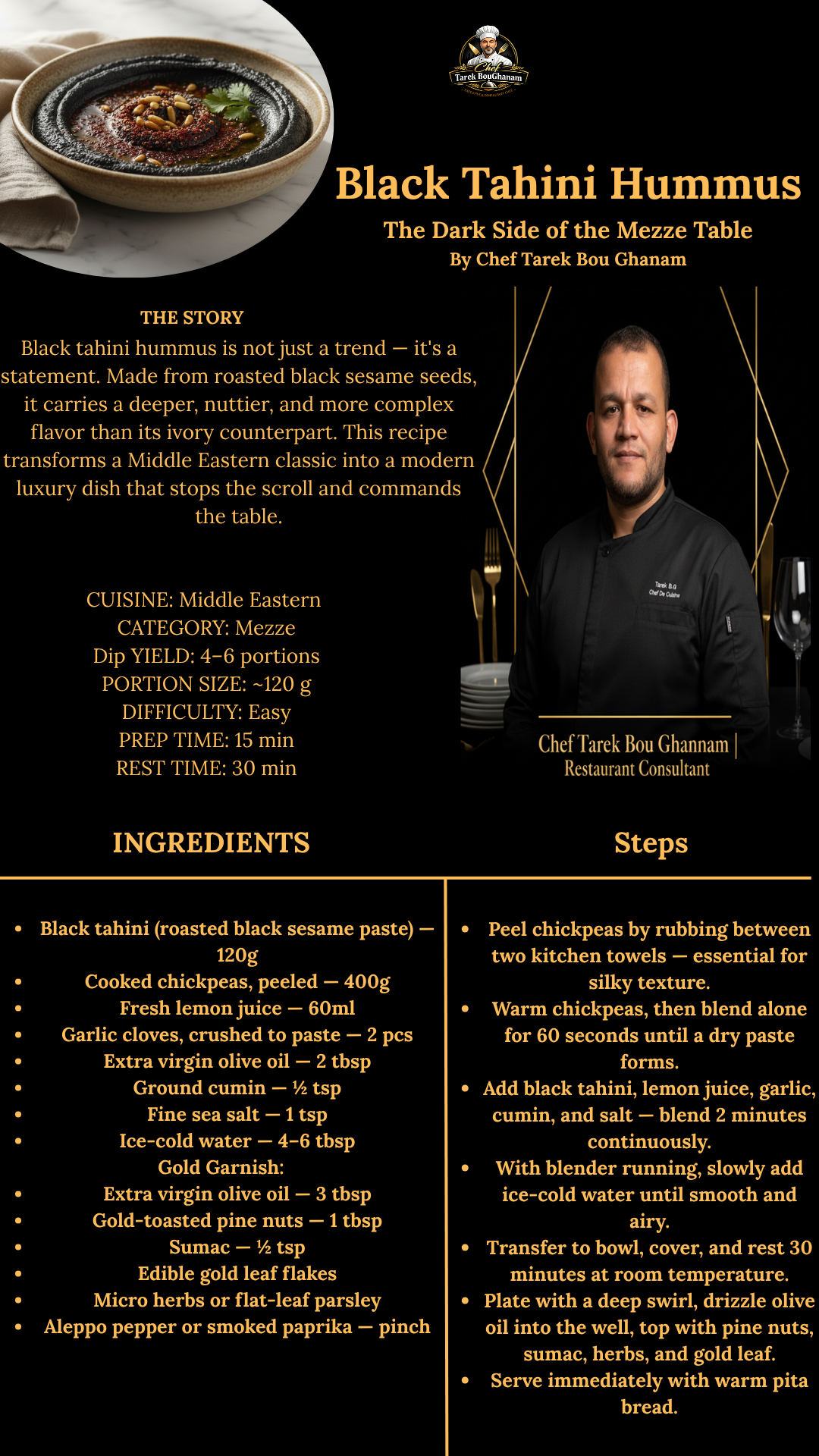 Black Tahini Hummus recipe card by Chef Tarek BouGhanam