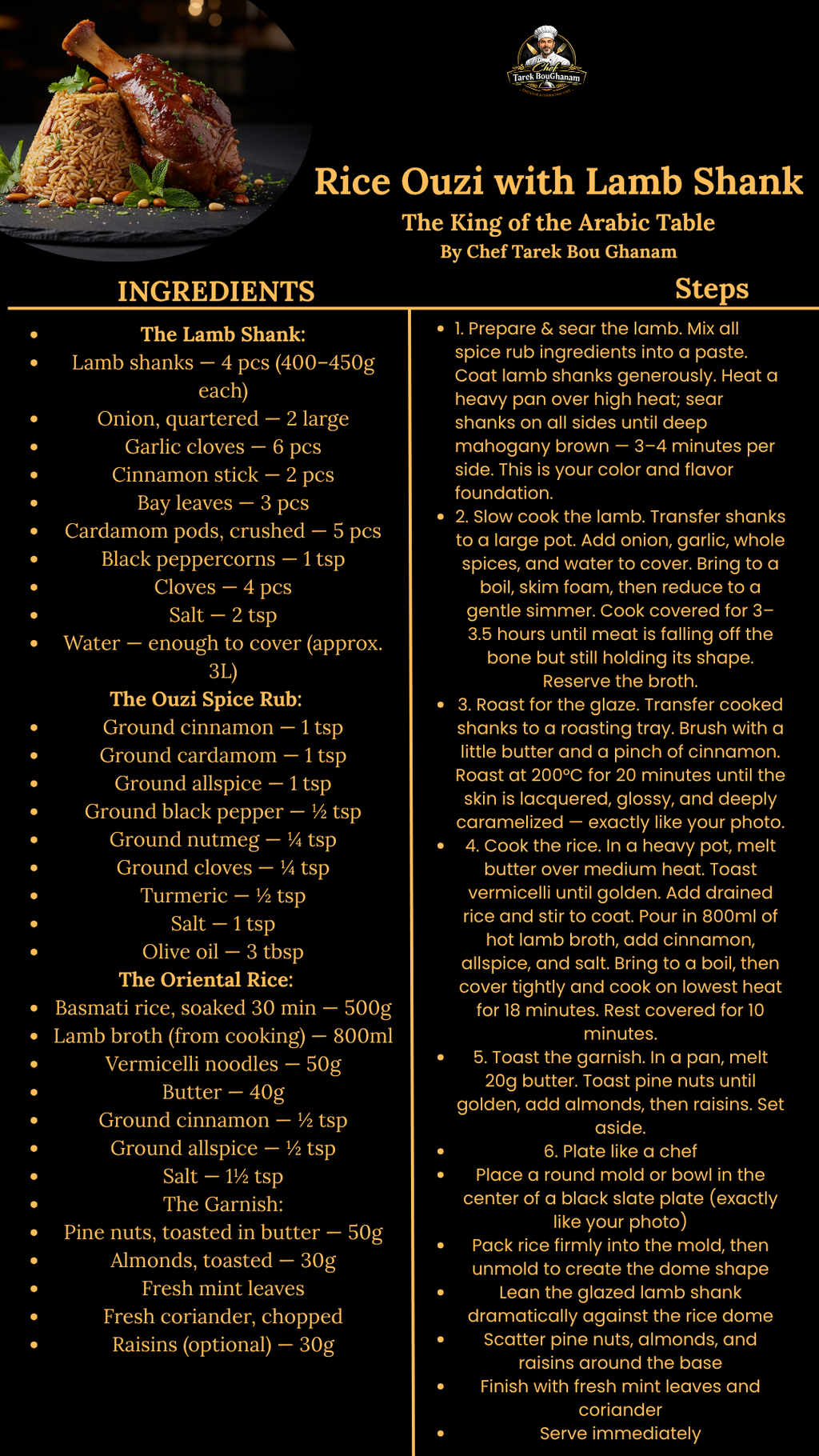 Rice Ouzi with Lamb Shank Recipe Card by Chef Tarek BouGhanam