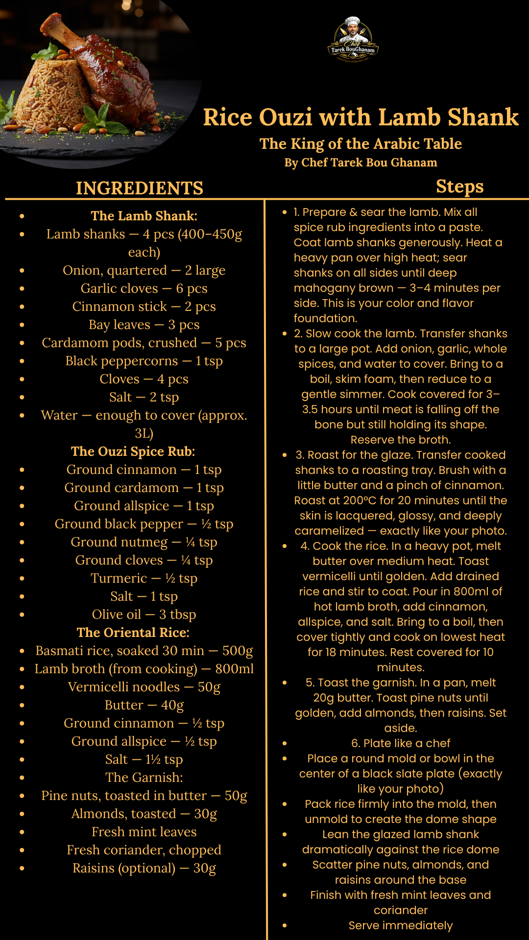 Rice Ouzi with Lamb Shank Recipe Card by Chef Tarek BouGhanam