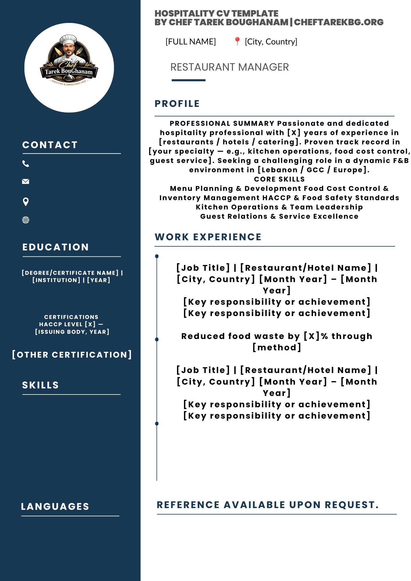 Professional Hospitality CV Template by Chef Tarek BouGhanam