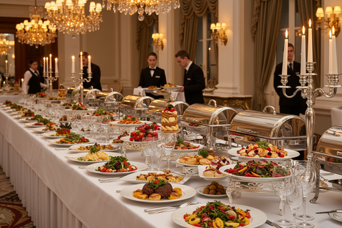 Elegant catering spread with fine dining presentation
