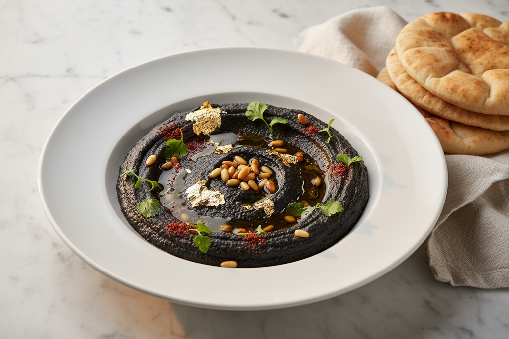 Black Tahini Hummus — luxury white plate with gold garnish by Chef Tarek BouGhanam